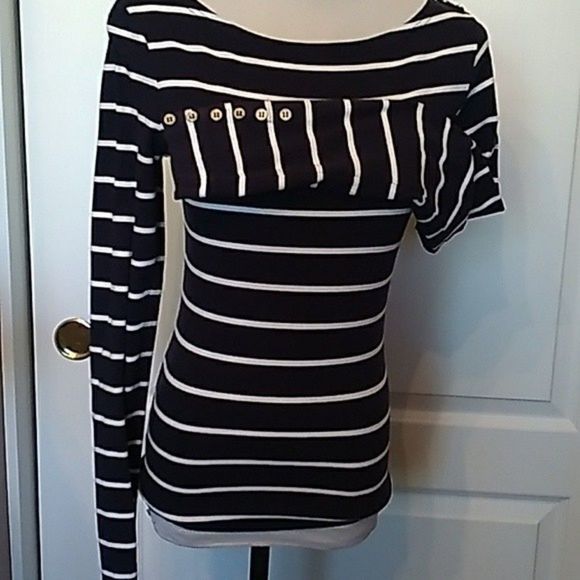 KNIT TOP NAUTICAL STRIPED NAVY BLUE WHITE BOAT NECK SMALL S WOMENS SMALL S - Picture 1 of 9